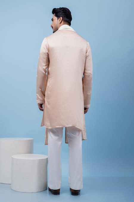 Shop PAARSH Peach Linen, Satin Embroidery Blush Horizon Kurta at Aza Fashions Shop_PAARSH_Peach Linen, Satin Embroidery Blush Horizon Kurta _at_Aza_Fashions