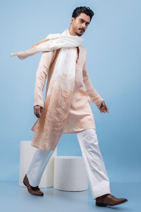 PAARSH Peach Linen, Satin Embroidery Blush Horizon Kurta Online at Aza Fashions PAARSH_Peach Linen, Satin Embroidery Blush Horizon Kurta _Online_at_Aza_Fashions