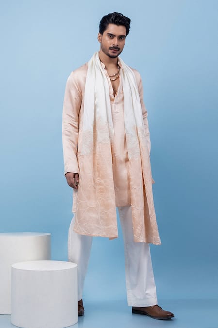 Buy PAARSH Peach Linen, Satin Embroidery Blush Horizon Kurta Online at Aza Fashions Buy_PAARSH_Peach Linen, Satin Embroidery Blush Horizon Kurta _Online_at_Aza_Fashions