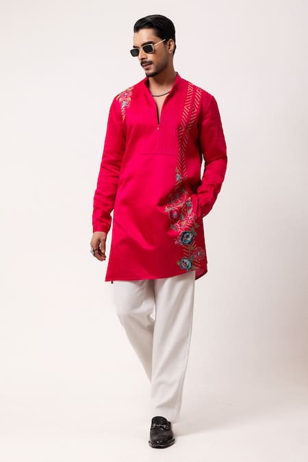 PAARSH Pink Linen, Satin Embroidery Floral Finesse Kurta Online at Aza Fashions PAARSH_Pink Linen, Satin Embroidery Floral Finesse Kurta _Online_at_Aza_Fashions