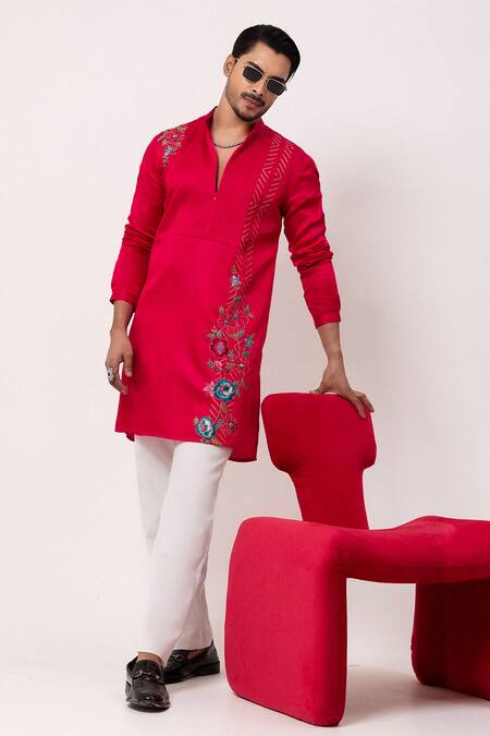 Buy PAARSH Pink Linen, Satin Embroidery Floral Finesse Kurta Online at Aza Fashions Buy_PAARSH_Pink Linen, Satin Embroidery Floral Finesse Kurta _Online_at_Aza_Fashions
