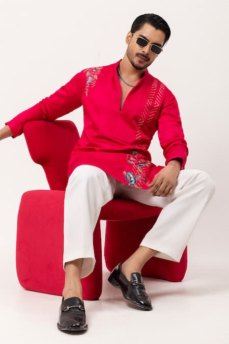 Shop PAARSH Pink Linen, Satin Embroidery Floral Finesse Kurta Online at Aza Fashions Shop_PAARSH_Pink Linen, Satin Embroidery Floral Finesse Kurta _Online_at_Aza_Fashions