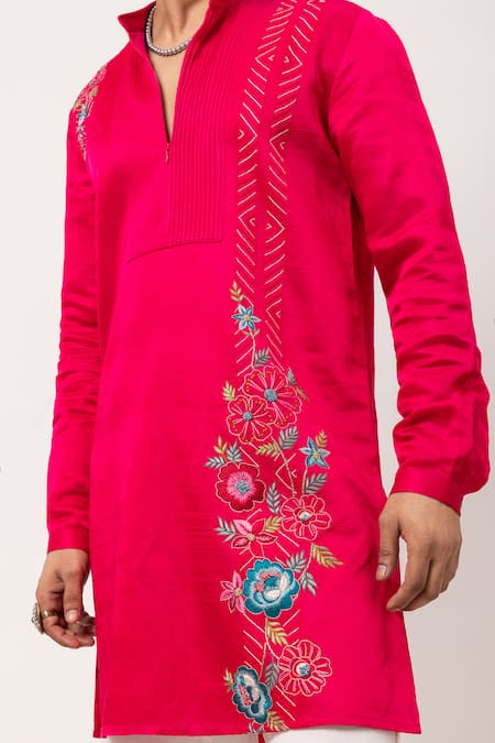 PAARSH Pink Linen, Satin Embroidery Floral Finesse Kurta at Aza Fashions PAARSH_Pink Linen, Satin Embroidery Floral Finesse Kurta _at_Aza_Fashions