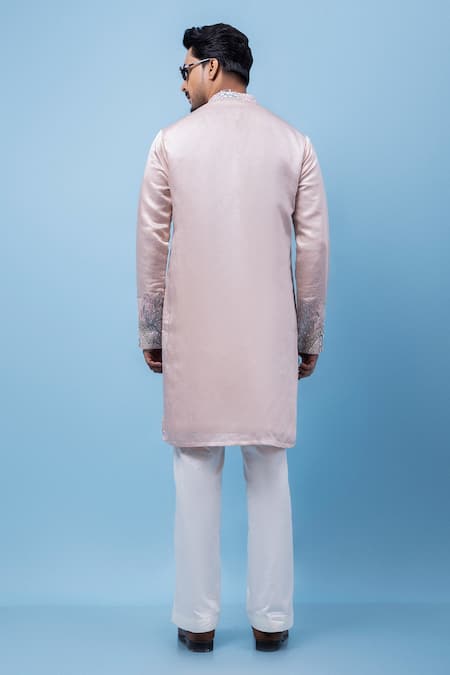 Shop PAARSH Pink Linen, Satin Embroidery Coral Embers Kurta at Aza Fashions Shop_PAARSH_Pink Linen, Satin Embroidery Coral Embers Kurta _at_Aza_Fashions