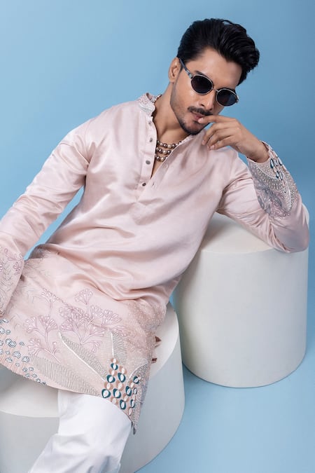 PAARSH Pink Linen, Satin Embroidery Coral Embers Kurta Online at Aza Fashions PAARSH_Pink Linen, Satin Embroidery Coral Embers Kurta _Online_at_Aza_Fashions