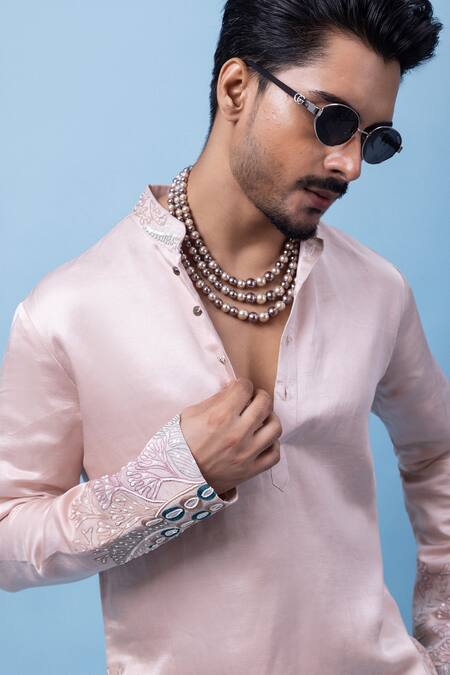 Buy PAARSH Pink Linen, Satin Embroidery Coral Embers Kurta Online at Aza Fashions Buy_PAARSH_Pink Linen, Satin Embroidery Coral Embers Kurta _Online_at_Aza_Fashions