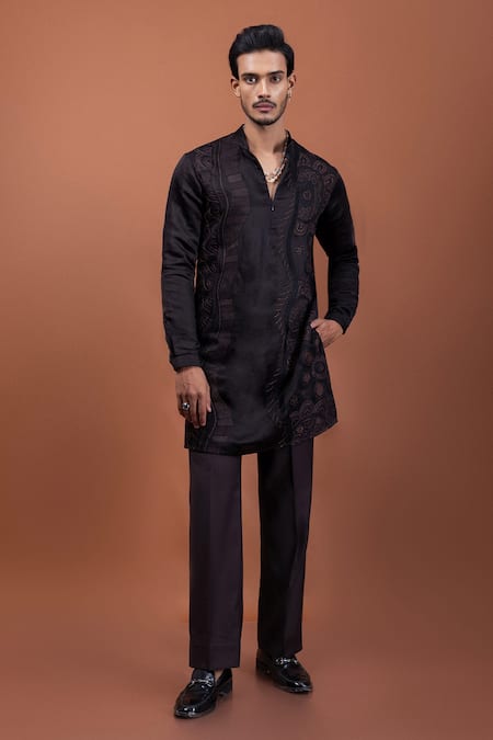 PAARSH Brown Linen, Satin Embroidery Bourbon Eclipse Kurta