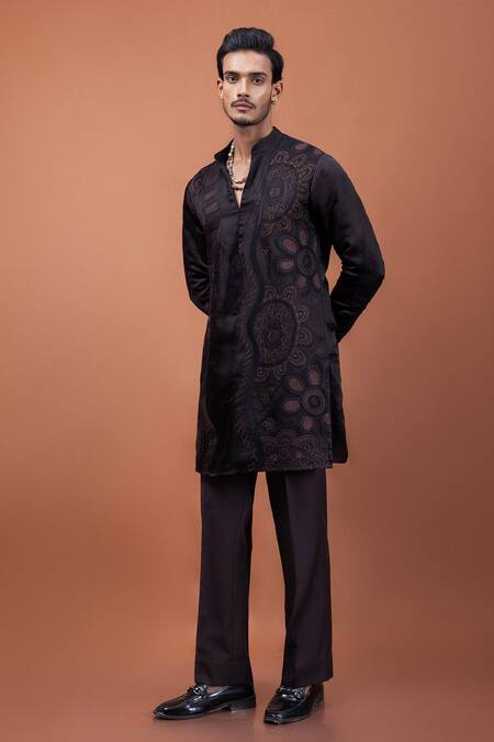 Buy PAARSH Brown Linen, Satin Embroidery Bourbon Eclipse Kurta Online at Aza Fashions Buy_PAARSH_Brown Linen, Satin Embroidery Bourbon Eclipse Kurta _Online_at_Aza_Fashions