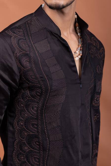 Shop PAARSH Brown Linen, Satin Embroidery Bourbon Eclipse Kurta Online at Aza Fashions Shop_PAARSH_Brown Linen, Satin Embroidery Bourbon Eclipse Kurta _Online_at_Aza_Fashions