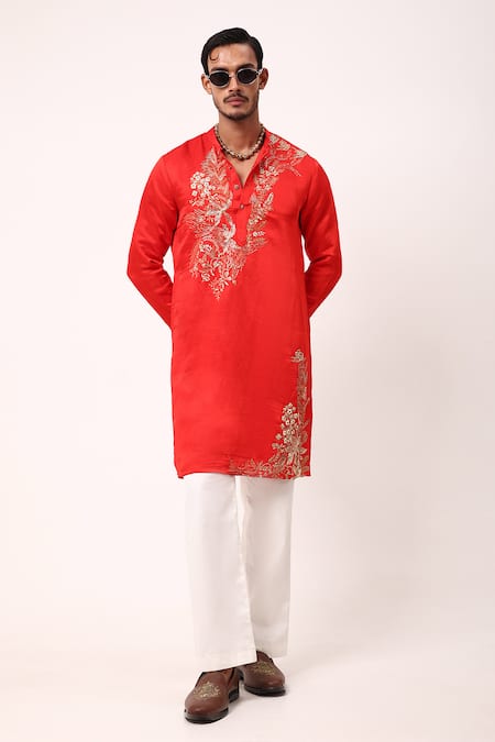 PAARSH Orange Linen, Satin Embroidery Saffron Gleam Kurta Online at Aza Fashions PAARSH_Orange Linen, Satin Embroidery Saffron Gleam Kurta _Online_at_Aza_Fashions
