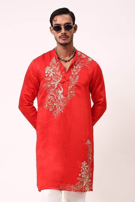 PAARSH Orange Linen, Satin Embroidery Saffron Gleam Kurta 
