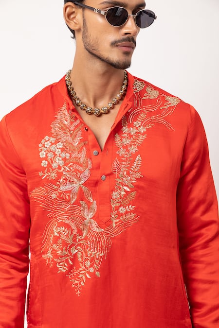 PAARSH Orange Linen, Satin Embroidery Saffron Gleam Kurta at Aza Fashions PAARSH_Orange Linen, Satin Embroidery Saffron Gleam Kurta _at_Aza_Fashions