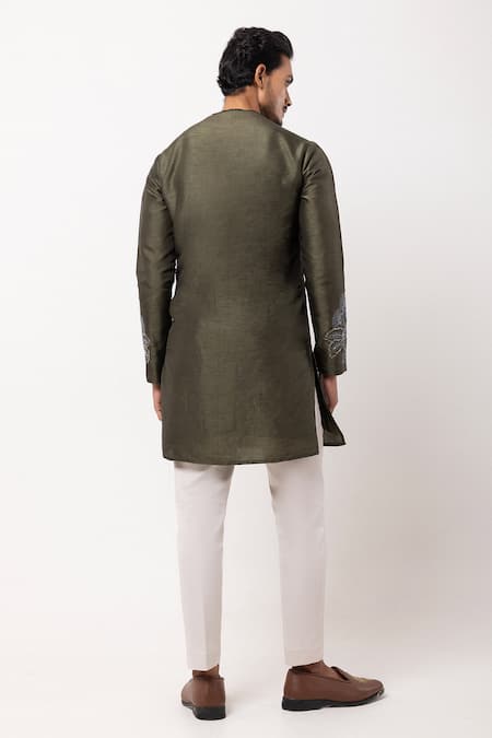 Shop PAARSH Olive Green Bemberg, Silk Embroidery Moss And Mist Kurta at Aza Fashions Shop_PAARSH_Olive Green Bemberg, Silk Embroidery Moss And Mist Kurta _at_Aza_Fashions