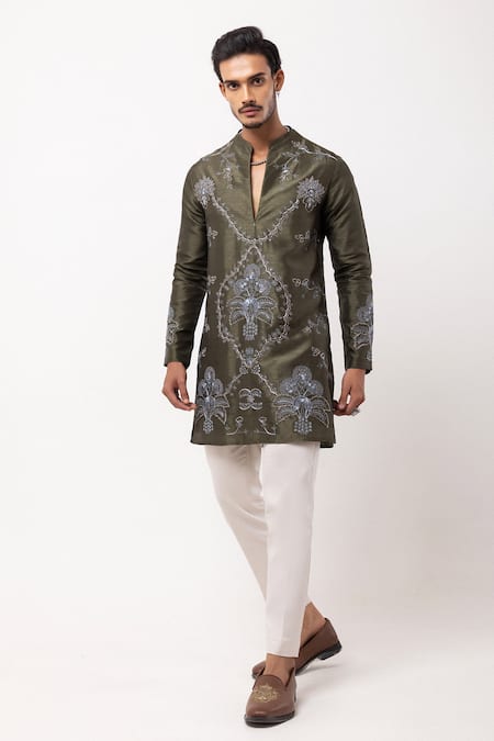 PAARSH Olive Green Bemberg, Silk Embroidery Moss And Mist Kurta Online at Aza Fashions PAARSH_Olive Green Bemberg, Silk Embroidery Moss And Mist Kurta _Online_at_Aza_Fashions