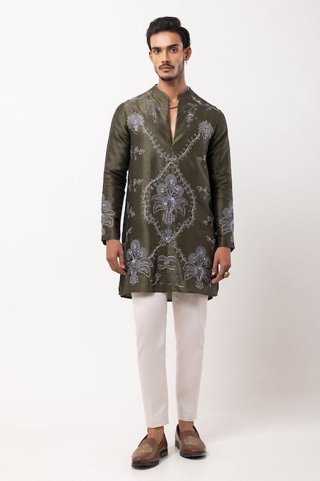 Buy PAARSH Olive Green Bemberg, Silk Embroidery Moss And Mist Kurta Online at Aza Fashions Buy_PAARSH_Olive Green Bemberg, Silk Embroidery Moss And Mist Kurta _Online_at_Aza_Fashions
