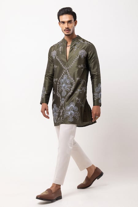 Shop PAARSH Olive Green Bemberg, Silk Embroidery Moss And Mist Kurta Online at Aza Fashions Shop_PAARSH_Olive Green Bemberg, Silk Embroidery Moss And Mist Kurta _Online_at_Aza_Fashions
