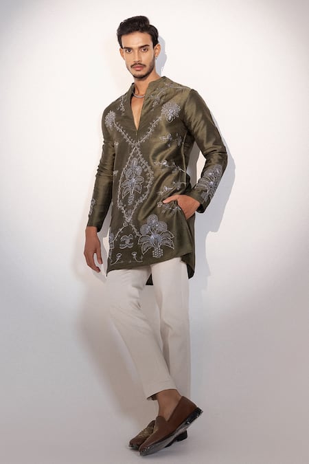 PAARSH Olive Green Bemberg, Silk Embroidery Moss And Mist Kurta at Aza Fashions PAARSH_Olive Green Bemberg, Silk Embroidery Moss And Mist Kurta _at_Aza_Fashions