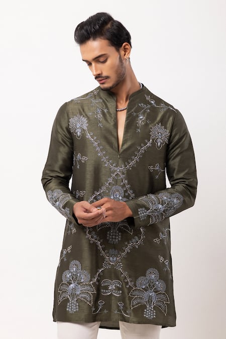 PAARSH Olive Green Bemberg, Silk Embroidery Moss And Mist Kurta 