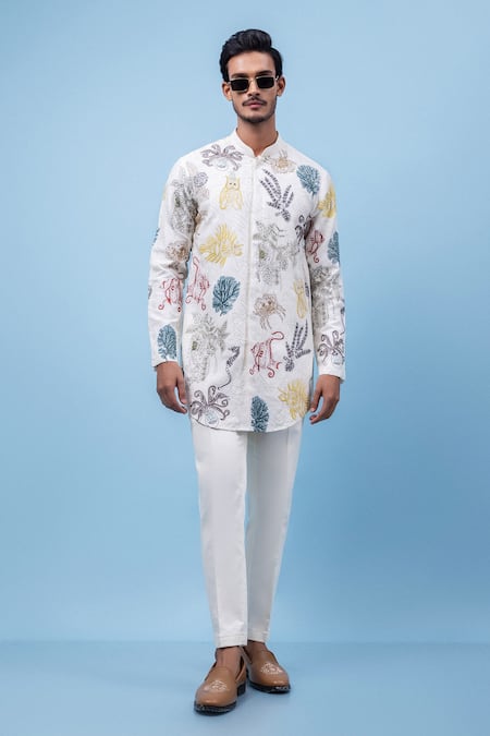 Buy PAARSH Cream Bemberg, Silk Embroidery Marine Mirage Kurta Online at Aza Fashions Buy_PAARSH_Cream Bemberg, Silk Embroidery Marine Mirage Kurta _Online_at_Aza_Fashions