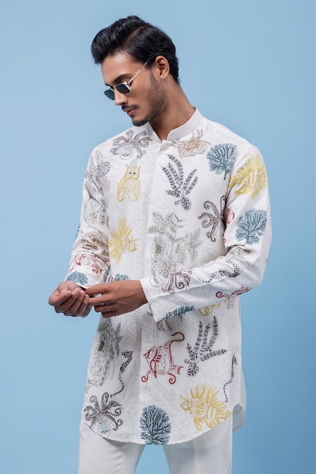 PAARSH Cream Bemberg, Silk Embroidery Marine Mirage Kurta