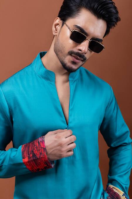 PAARSH Teal Modal, Satin Embroidery Tista Kurta Online at Aza Fashions PAARSH_Teal Modal, Satin Embroidery Tista Kurta _Online_at_Aza_Fashions