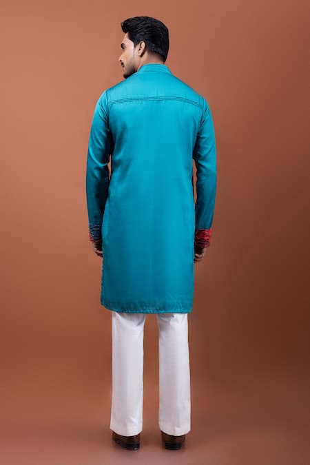 Shop PAARSH Teal Modal, Satin Embroidery Tista Kurta at Aza Fashions Shop_PAARSH_Teal Modal, Satin Embroidery Tista Kurta _at_Aza_Fashions