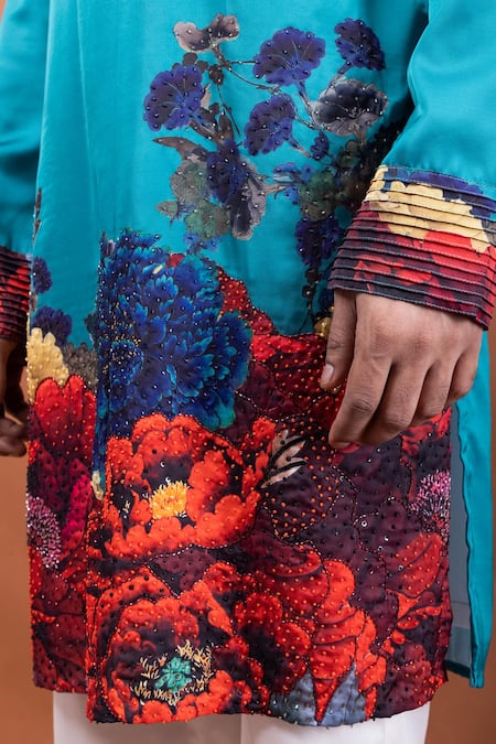 Buy PAARSH Teal Modal, Satin Embroidery Tista Kurta Online at Aza Fashions Buy_PAARSH_Teal Modal, Satin Embroidery Tista Kurta _Online_at_Aza_Fashions