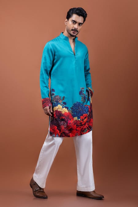 PAARSH Teal Modal, Satin Embroidery Tista Kurta