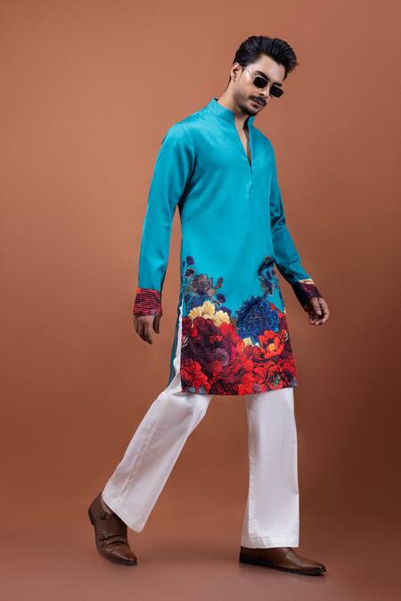 Shop PAARSH Teal Modal, Satin Embroidery Tista Kurta Online at Aza Fashions Shop_PAARSH_Teal Modal, Satin Embroidery Tista Kurta _Online_at_Aza_Fashions