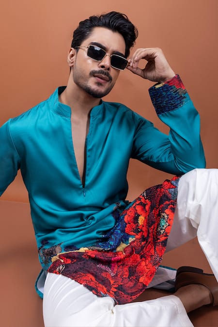 PAARSH Teal Modal, Satin Embroidery Tista Kurta at Aza Fashions PAARSH_Teal Modal, Satin Embroidery Tista Kurta _at_Aza_Fashions