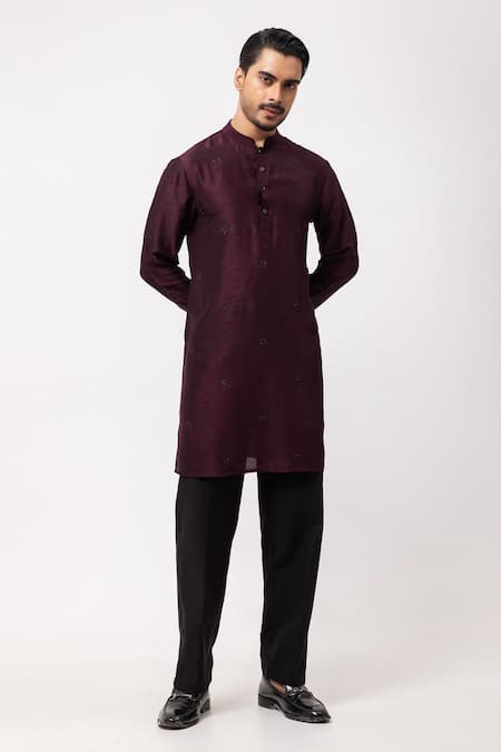PAARSH Wine Silk Embroidery Kurta Online at Aza Fashions PAARSH_Wine Silk Embroidery Kurta _Online_at_Aza_Fashions