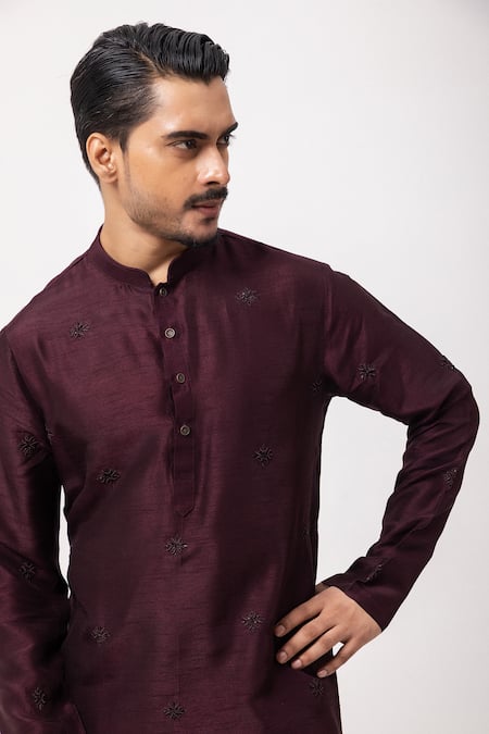 Shop PAARSH Wine Silk Embroidery Kurta Online at Aza Fashions Shop_PAARSH_Wine Silk Embroidery Kurta _Online_at_Aza_Fashions