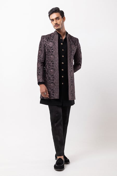 PAARSH_Black Embroidery, Metallic Thread Floral Pattern Jacket Pant Set _Online_at_Aza_Fashions