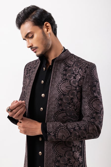 Buy_PAARSH_Black Embroidery, Metallic Thread Floral Pattern Jacket Pant Set _Online_at_Aza_Fashions