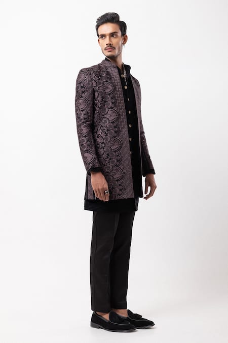 Shop_PAARSH_Black Embroidery, Metallic Thread Floral Pattern Jacket Pant Set _Online_at_Aza_Fashions
