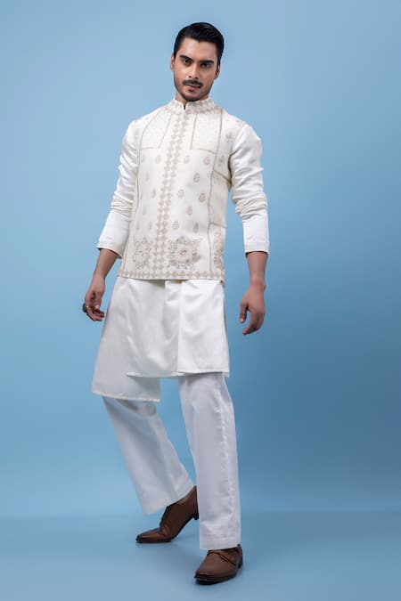 PAARSH Ivory Linen Embroidery Floral Angrakha Kurta Online at Aza Fashions PAARSH_Ivory Linen Embroidery Floral Angrakha Kurta _Online_at_Aza_Fashions