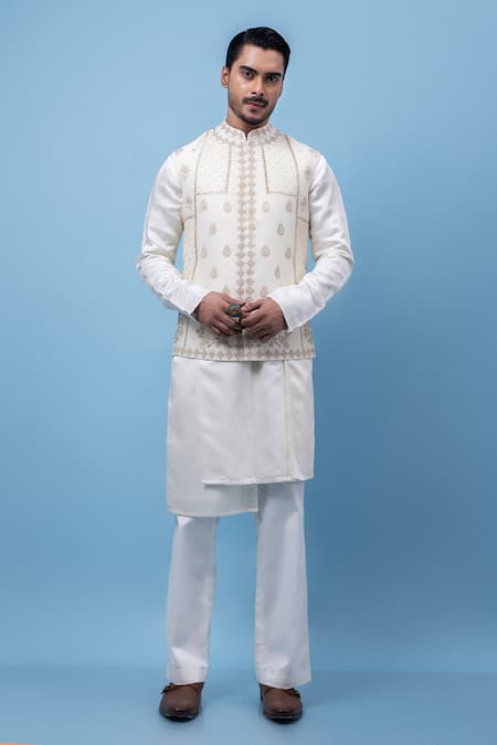 Buy PAARSH Ivory Linen Embroidery Floral Angrakha Kurta Online at Aza Fashions Buy_PAARSH_Ivory Linen Embroidery Floral Angrakha Kurta _Online_at_Aza_Fashions