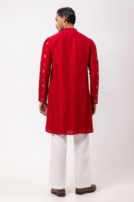 Shop PAARSH Red Silk Embroidery Floral Kurta at Aza Fashions Shop_PAARSH_Red Silk Embroidery Floral Kurta _at_Aza_Fashions