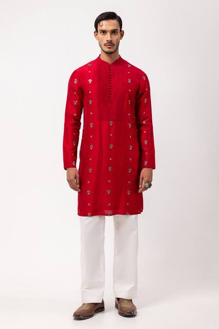 PAARSH Red Silk Embroidery Floral Kurta Online at Aza Fashions PAARSH_Red Silk Embroidery Floral Kurta _Online_at_Aza_Fashions