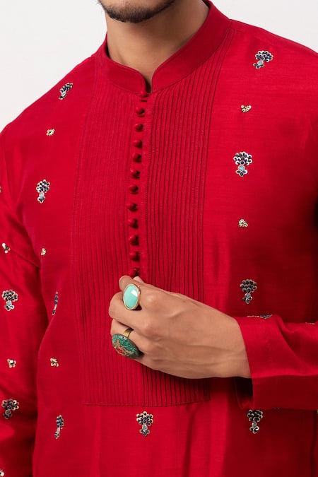 Shop PAARSH Red Silk Embroidery Floral Kurta Online at Aza Fashions Shop_PAARSH_Red Silk Embroidery Floral Kurta _Online_at_Aza_Fashions