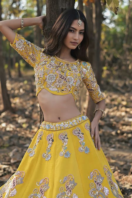 Buy_Panihari_Yellow Silk, Net Sequins, Cut Work Round Paisley Embroidered Bridal Lehenga Set _Online_at_Aza_Fashions