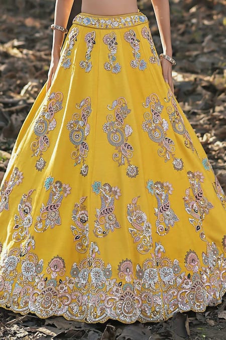Shop_Panihari_Yellow Silk, Net Sequins, Cut Work Round Paisley Embroidered Bridal Lehenga Set _Online_at_Aza_Fashions
