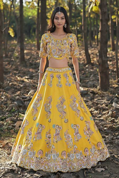 Panihari_Yellow Silk, Net Sequins, Cut Work Round Paisley Embroidered Bridal Lehenga Set _at_Aza_Fashions