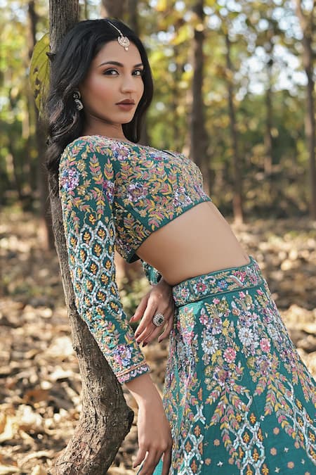 Panihari_Slate Silk, Net Cut Work, Sequins V-neck Flower Embroidered Bridal Lehenga Set _Online_at_Aza_Fashions