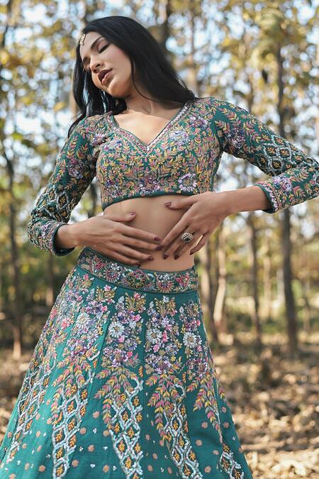 Buy_Panihari_Slate Silk, Net Cut Work, Sequins V-neck Flower Embroidered Bridal Lehenga Set _Online_at_Aza_Fashions