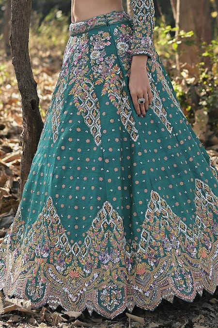 Shop_Panihari_Slate Silk, Net Cut Work, Sequins V-neck Flower Embroidered Bridal Lehenga Set _Online_at_Aza_Fashions