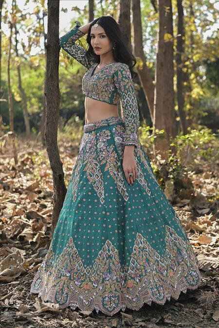 Panihari_Slate Silk, Net Cut Work, Sequins V-neck Flower Embroidered Bridal Lehenga Set _at_Aza_Fashions