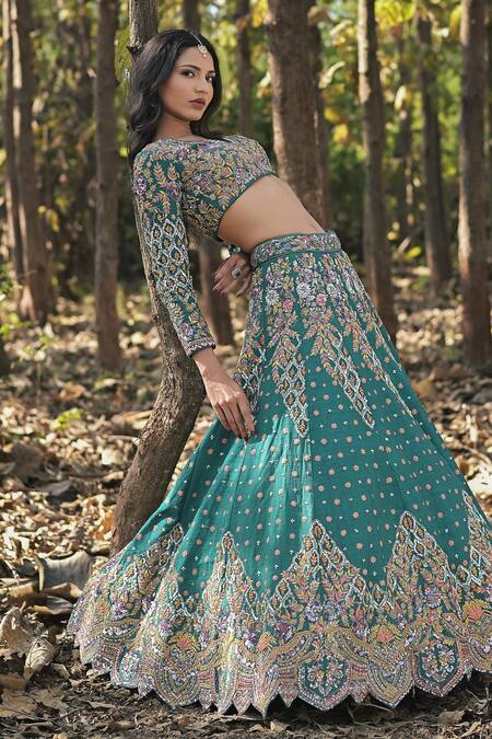 Buy_Panihari_Slate Silk, Net Cut Work, Sequins V-neck Flower Embroidered Bridal Lehenga Set 