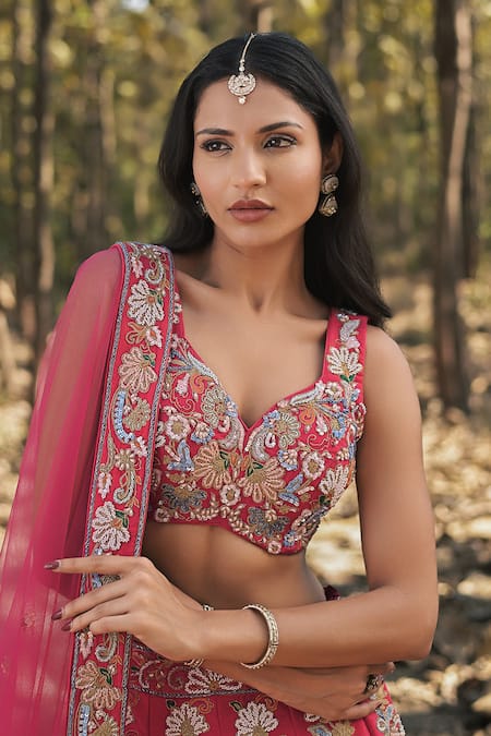 Panihari_Red Silk, Net Cut Work, Sequins V-neck Raw Embroidered Lehenga Set _Online_at_Aza_Fashions