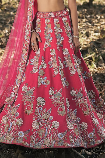 Shop_Panihari_Red Silk, Net Cut Work, Sequins V-neck Raw Embroidered Lehenga Set _Online_at_Aza_Fashions